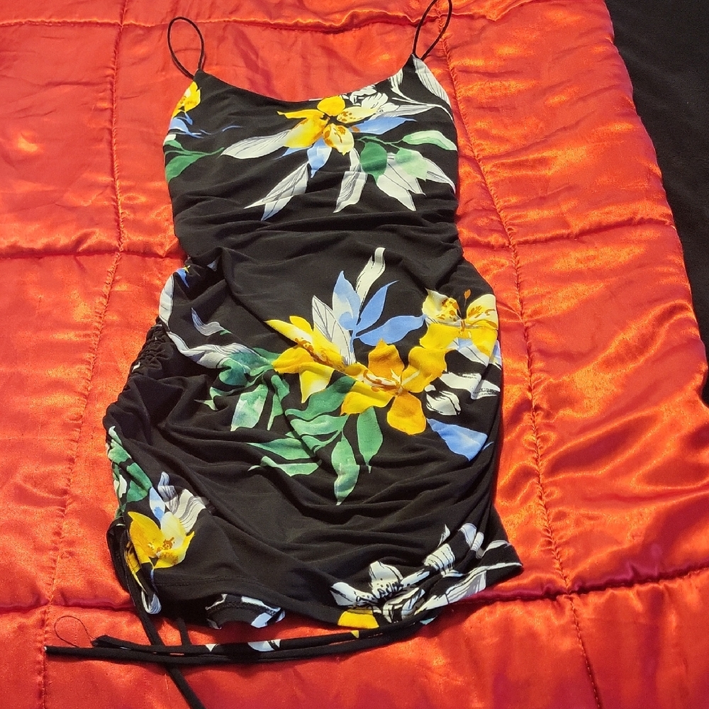 Yellow and Black Ruched Midi Slip Dress